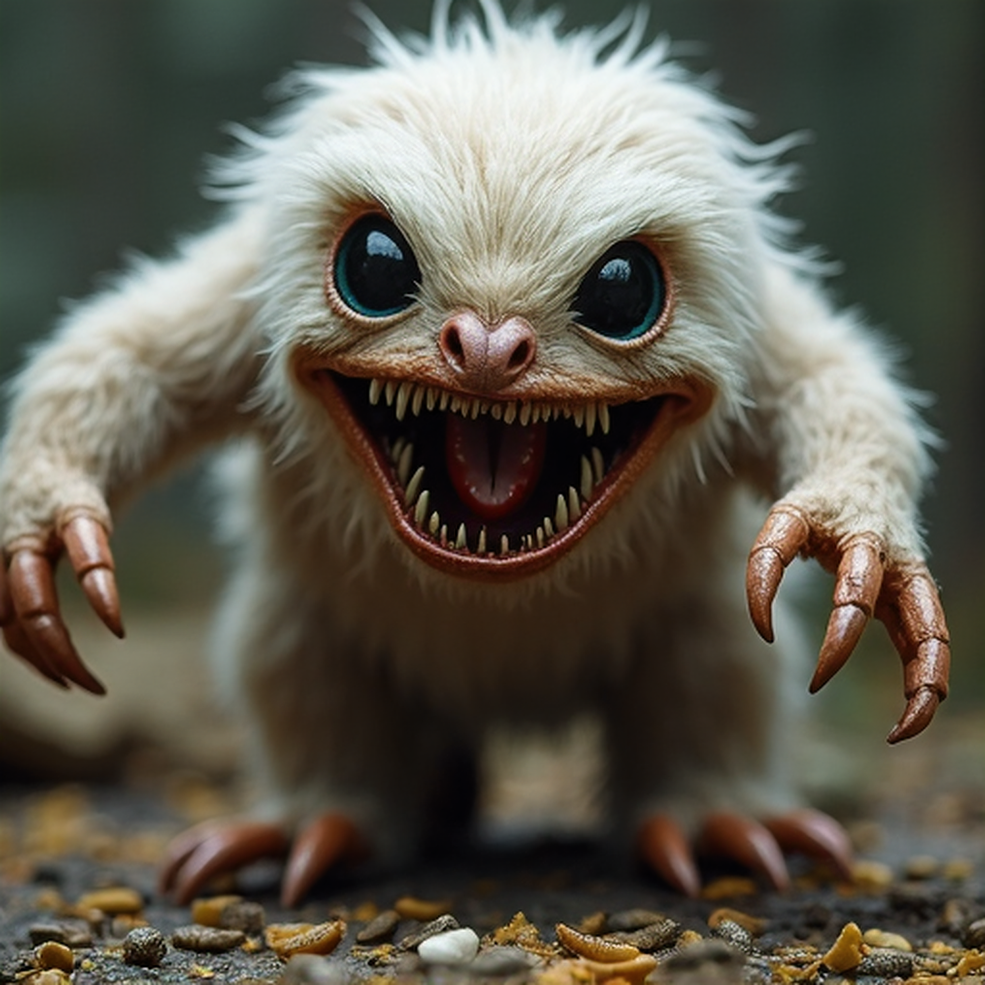 Close-up of a fluffy white creature with big blue eyes and sharp teeth