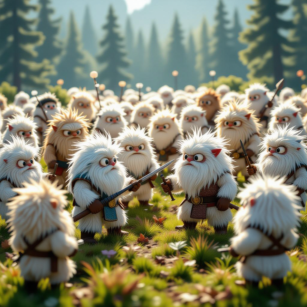 Fluffy white sword-bearing creatures gathered in a sunlit forest