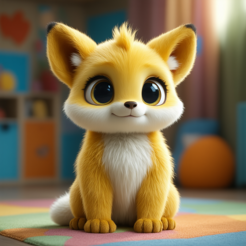 Hyperreal yellow fox cub with oversized eyes on a colorful rug