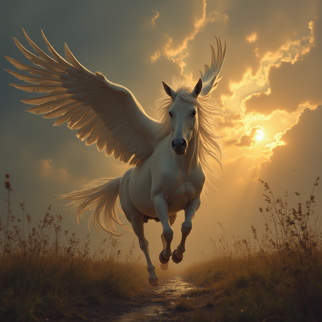 White winged horse galloping down a sunset path with glowing feathers