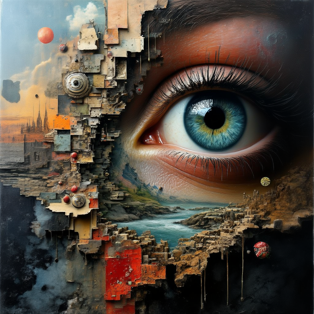 Blue iris collage blending urban decay, coastline, and floating spheres