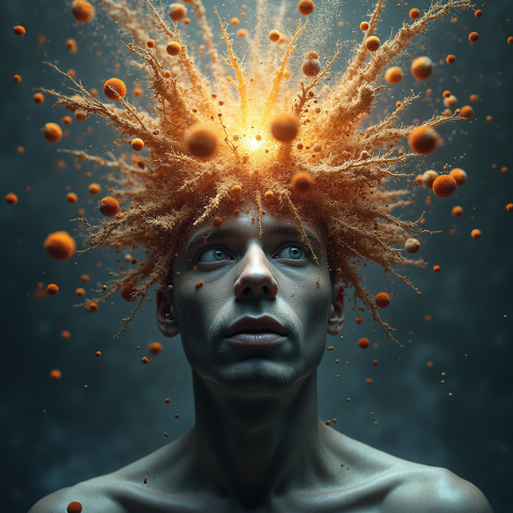 Portrait with glowing orange particle branches erupting from the head