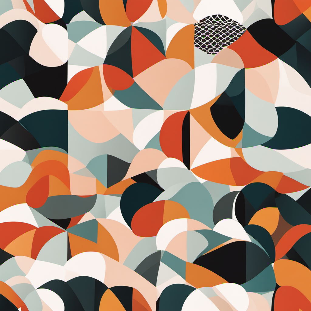 Abstract overlapping geometric pattern in orange, teal, black, and white