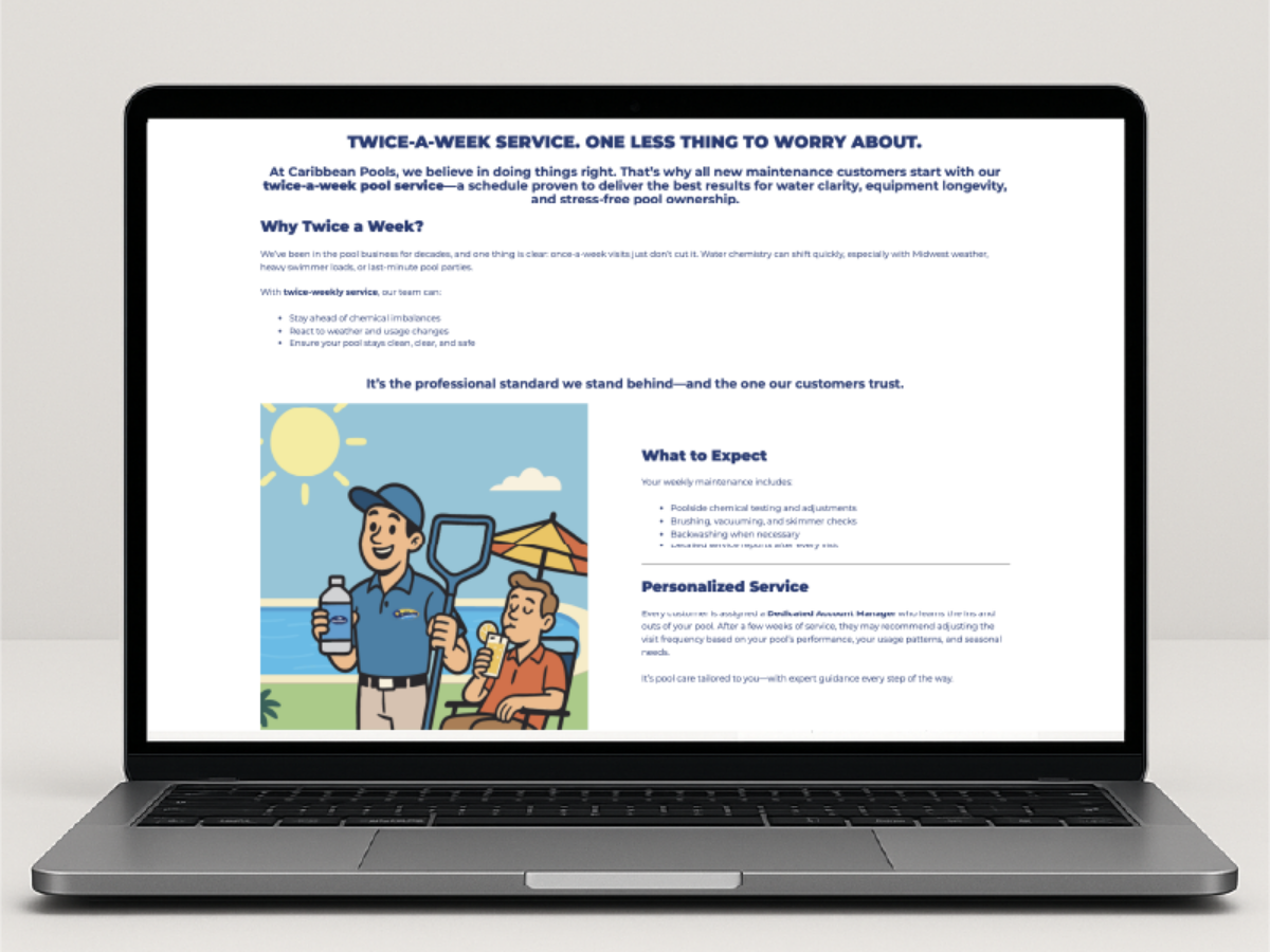 Homepage design with pool lifecycle storytelling