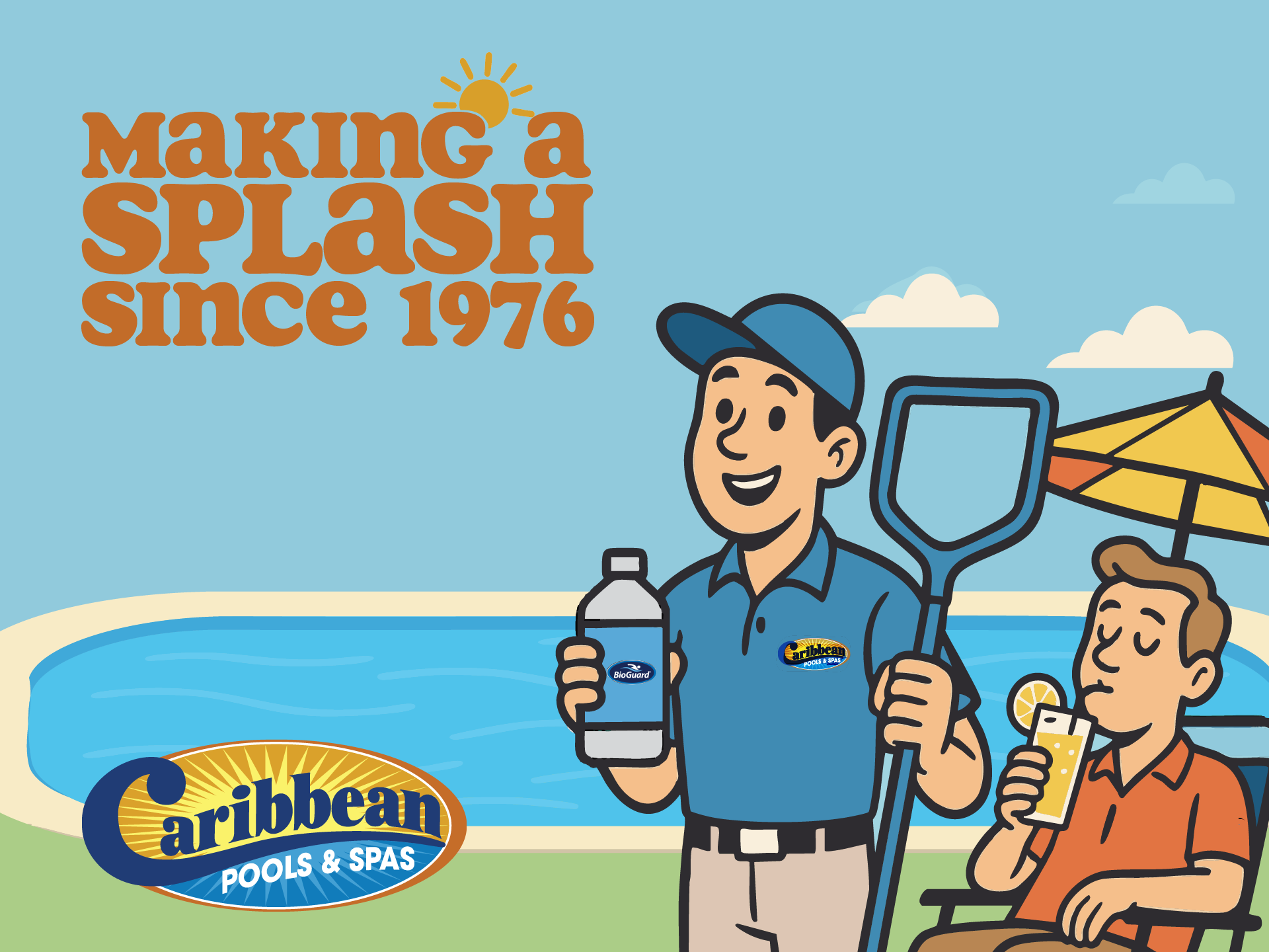 Caribbean Pools brand evolution showcase across print and digital applications